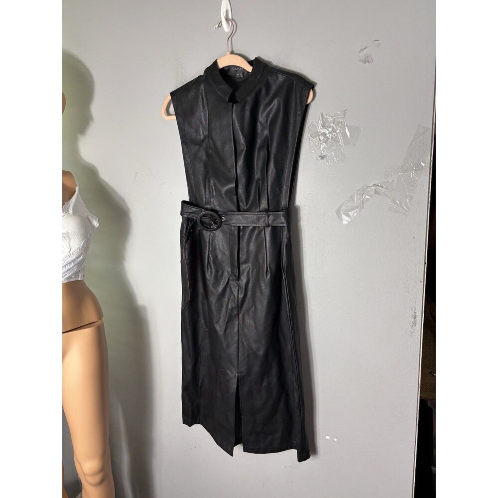 Gracia Faux Leather Sleeveless Dress Sheath Black Pencil Slit M